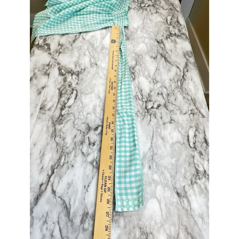 Half Apron Aqua Gingham Check White Cross-stitch Hand Made Pleated Vintage